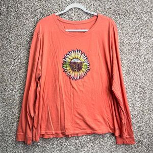 Life Is Good T-Shirt Women’s XXL Orange Sunflower Graphic Cotton Long Sleeve Cru